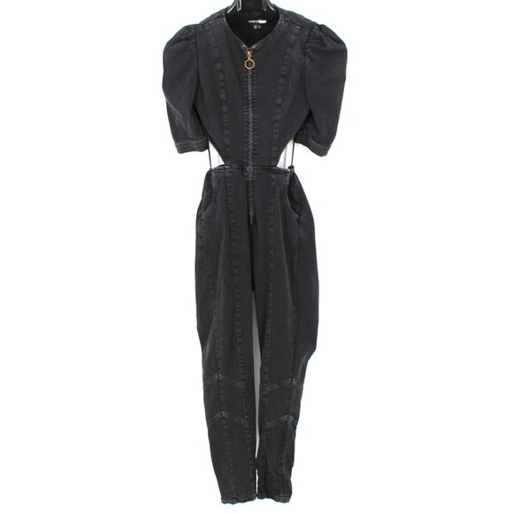 Retrofete Kiara Jet Black Italian Denim Jumpsuit Zip Closure Cut-Outs XS X-Small - Picture 1 of 10